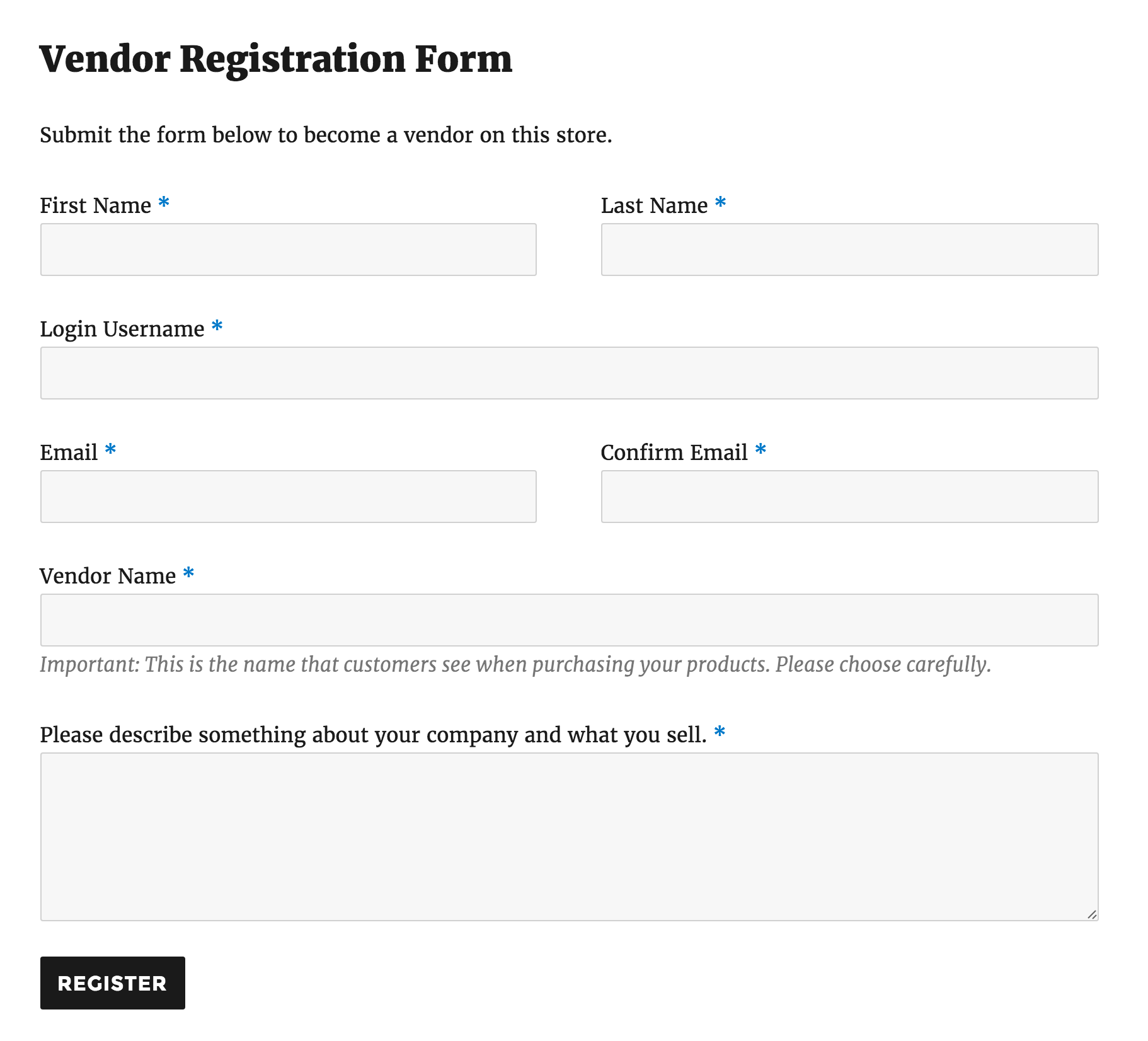 product vendors registration form
