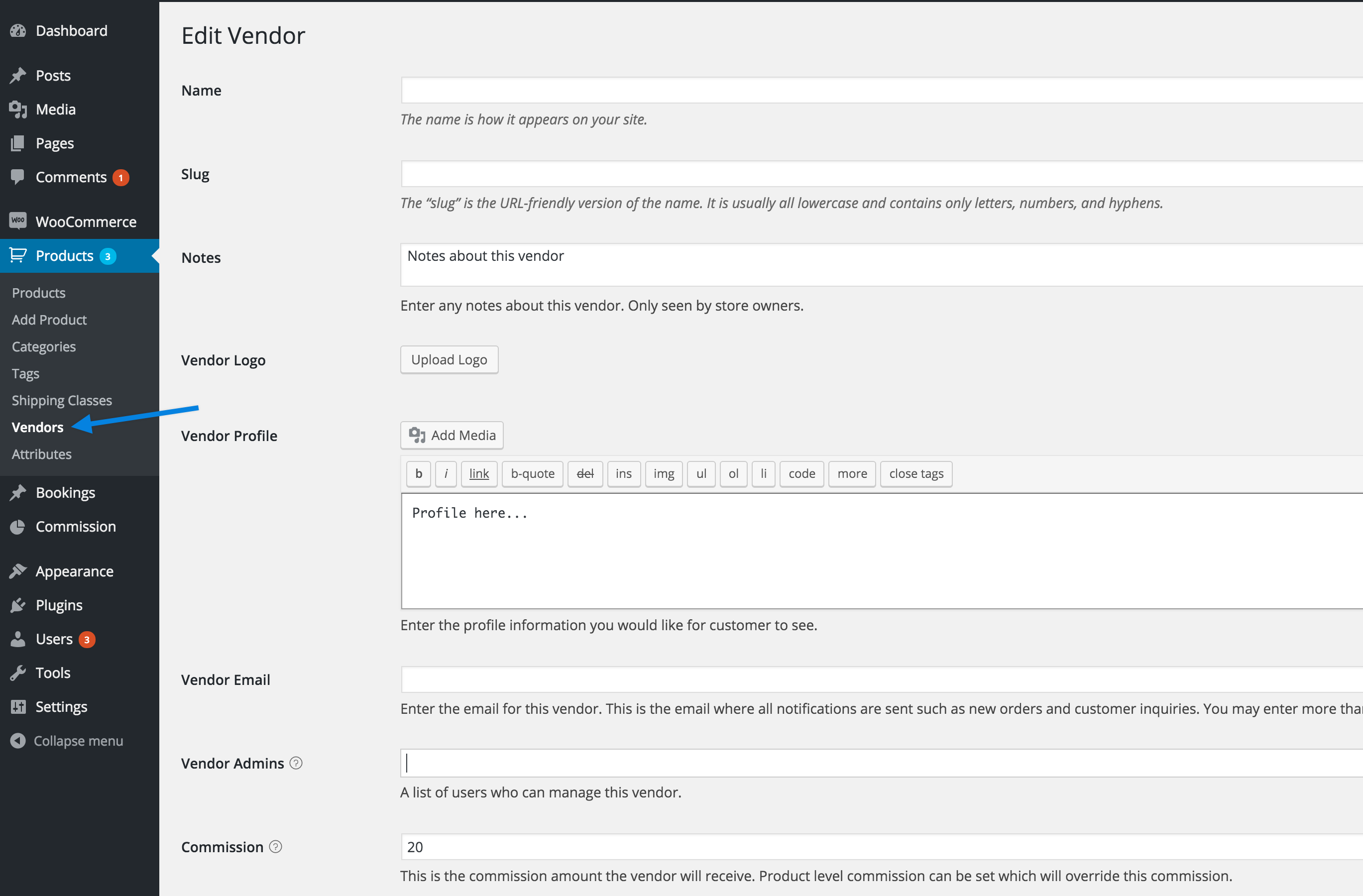 product vendors vendor settings